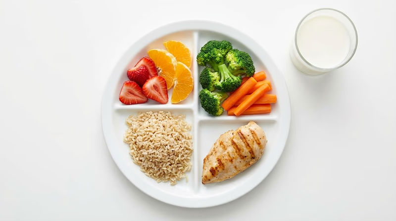A colorful plate divided into the five MyPlate food group sections (Fruits, Vegetables, Grains, Protein, Dairy) with example foods arranged on each section