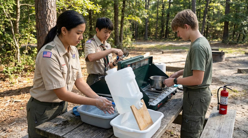 A campsite cooking area with a camp stove on a stable surface, fire extinguisher nearby, and a Scout washing hands at a portable hand-washing station