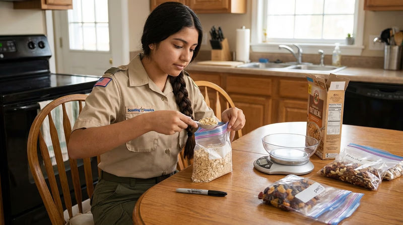 A Scout at a kitchen table repackaging trail food: transferring oatmeal into zip-lock bags, labeling with a marker, with a kitchen scale, permanent marker, and bags spread out