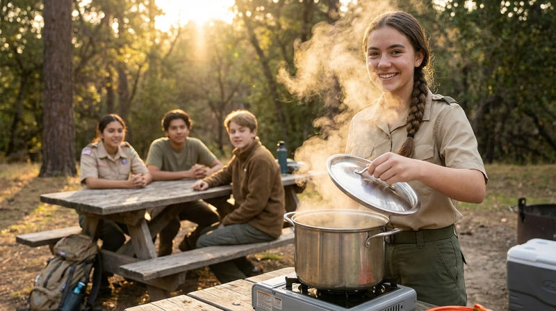 A Scout at a camp cooking station lifting the lid off a pot, with visible steam rising, while smiling at the aroma. Patrol members in the background look eager