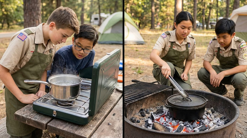 A split image showing a camp stove setup on a picnic table on the left with a pot of boiling water, and a campfire cooking setup on the right with a Dutch oven on coals