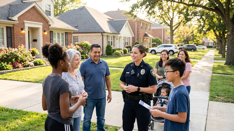 A diverse group of neighbors gathered on a residential sidewalk talking with a community police officer, with well-lit homes and trimmed landscaping in the background