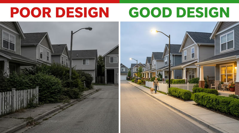 Side-by-side comparison of a residential street — left side shows neglected design with overgrown bushes and broken streetlight; right side shows good design with trimmed landscaping and bright lighting