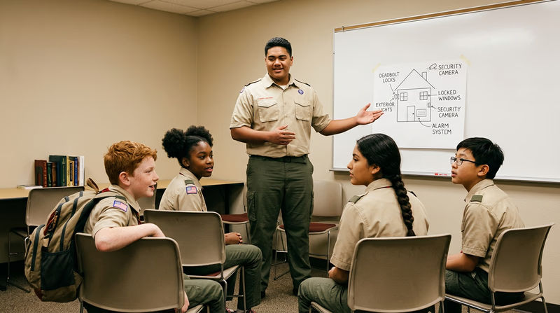 A teenager standing in front of a small group of seated Scouts, pointing at a poster or whiteboard showing a simple home security diagram during an EDGE method presentation