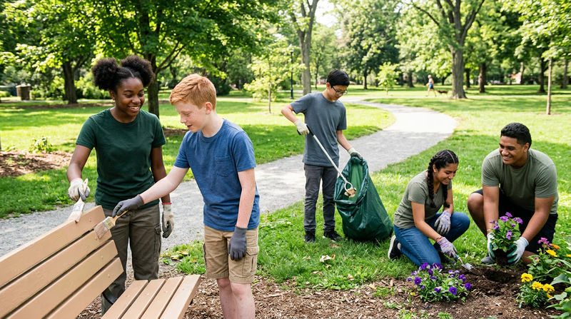 A group of teenagers working together on a community service project, cleaning up a park and demonstrating positive peer influence