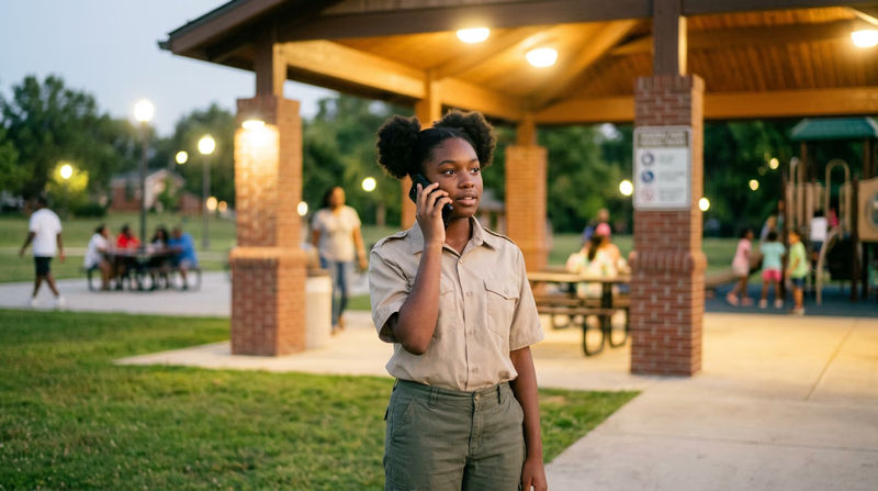 A teenager using a smartphone to call for help while standing in a safe, well-lit public area near other people