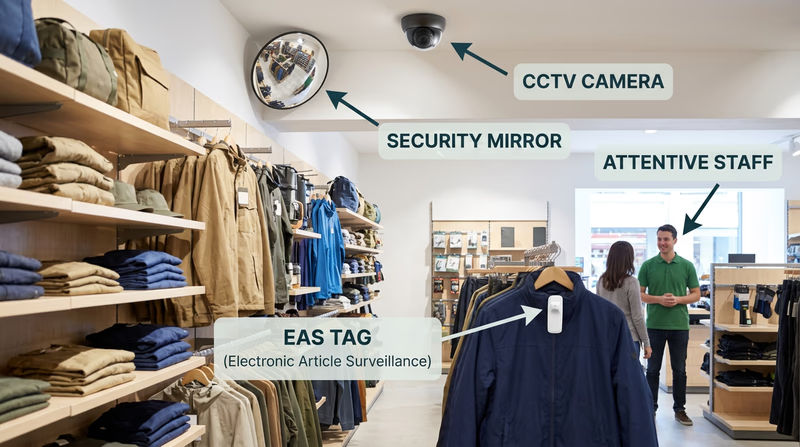 Interior of a retail store showing visible security measures — a convex mirror in the corner, a security camera on the ceiling, an EAS gate at the exit, and an attentive employee on the sales floor