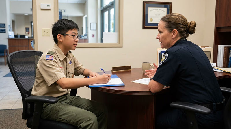 A teenager in Scout uniform sitting across a desk from a community police officer in a police station office, with a notebook open and a conversation in progress