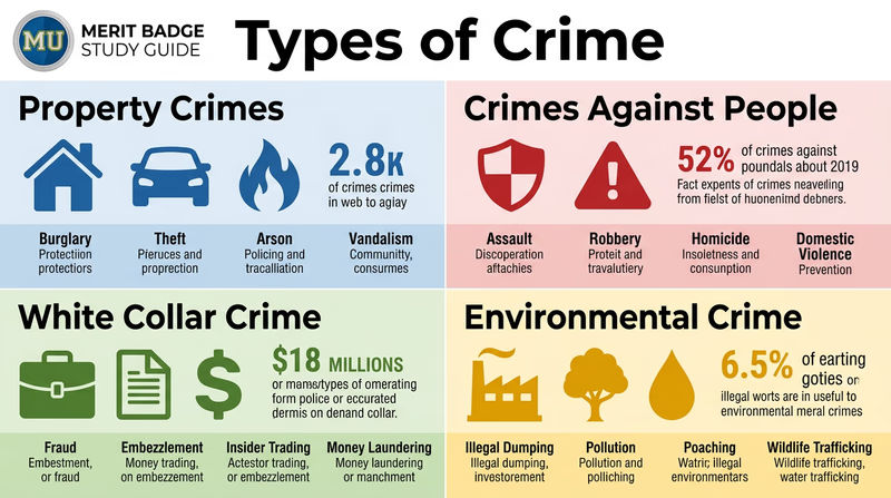 Infographic showing four categories of crime — property crimes, crimes against people, white collar crime, and environmental crime — each with representative icons and brief descriptions