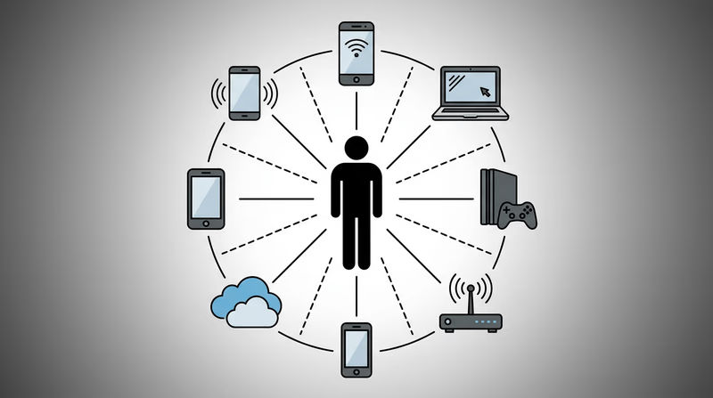 Infographic showing a teenager with radiating connections to their digital attack surface: devices, accounts, and networks