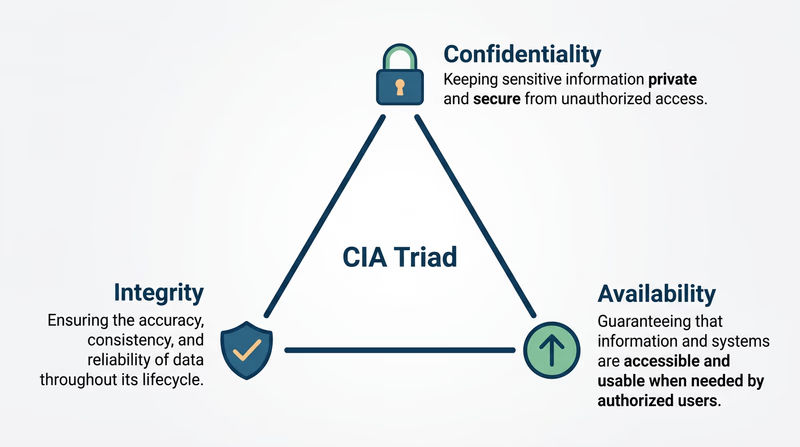 The CIA Triad triangle diagram showing Confidentiality, Integrity, and Availability