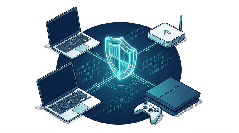 A glowing digital shield icon overlaid on a network of connected devices including a laptop, smartphone, smart home hub, and gaming console