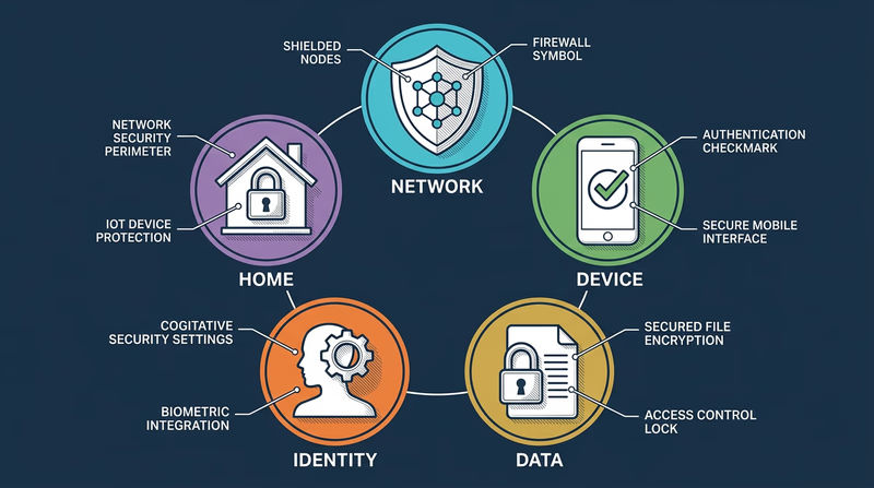 Five domains of cybersecurity: Network Security, Application Security, Information Security, Operational Security, and Personal Security