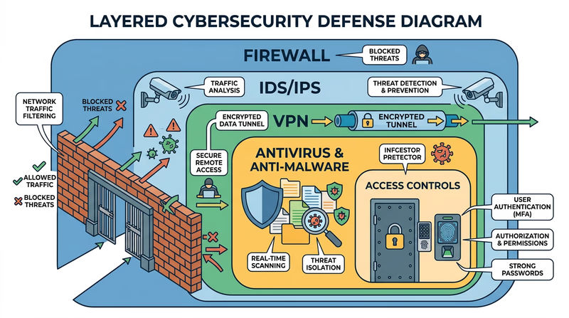 Layered defense diagram showing Firewall, IDS/IPS, VPN, Antivirus, and Access Controls from outer to inner