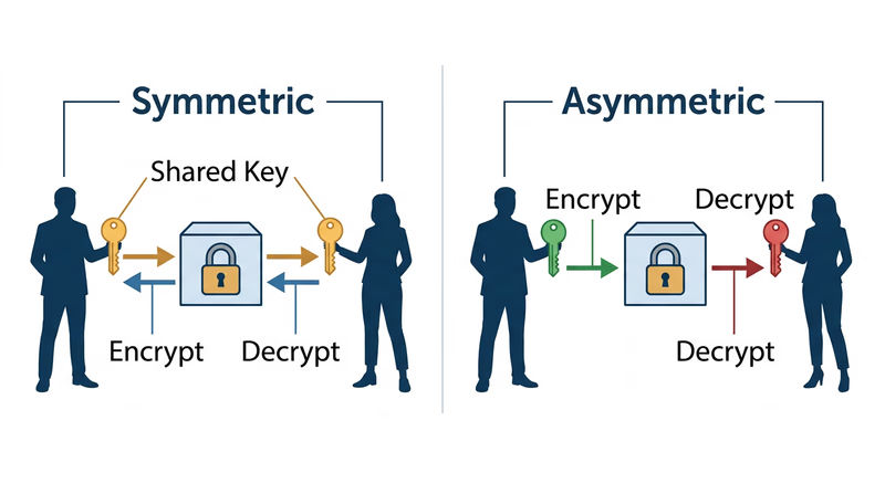 Diagram comparing symmetric encryption (one shared key) and asymmetric encryption (public and private key pair)