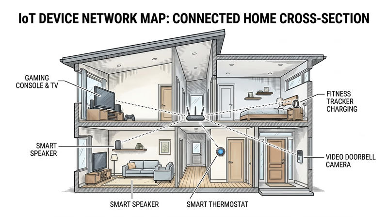 Cutaway house showing IoT devices in different rooms connected by dotted lines to a central Wi-Fi router