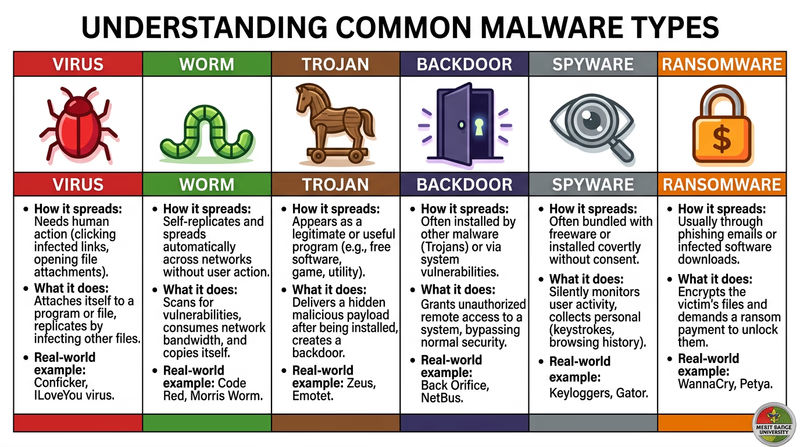 Comparison chart of six malware types: Virus, Worm, Trojan, Backdoor, Spyware, and Ransomware