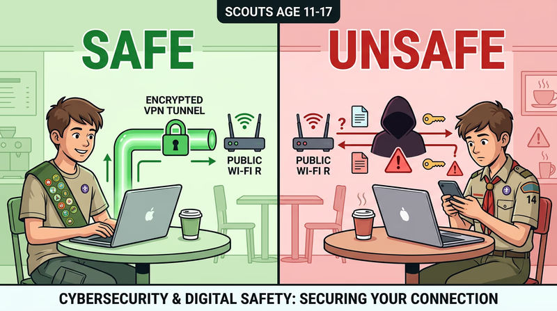 Comparison of safe VPN-protected connection vs unsafe public Wi-Fi with attacker intercepting data