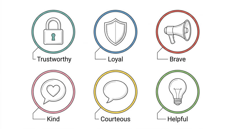 Six points of the Scout Law represented as icons connected to digital scenarios: Trustworthy, Loyal, Brave, Kind, Courteous, and Helpful