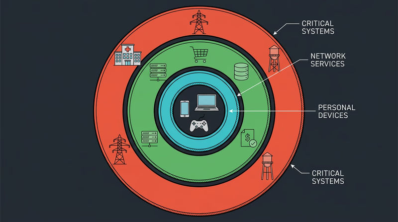 Three concentric layers of computer systems: Personal Devices, Business Systems, and Critical Infrastructure