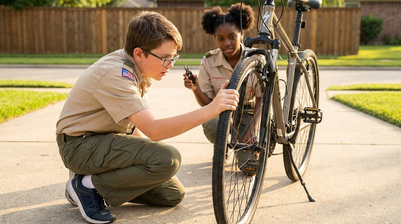 A Scout crouched next to a bicycle checking tire pressure, with the ABC Quick Check steps overlaid as labels