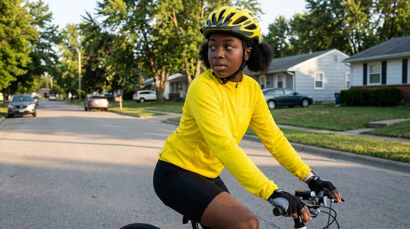 A Scout on a bicycle scanning the road ahead, hands near the brakes, wearing a bright jersey and helmet