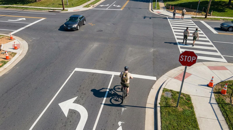 Bird's-eye view illustration of a cyclist approaching an intersection, showing sight lines and potential hazard zones with turning cars