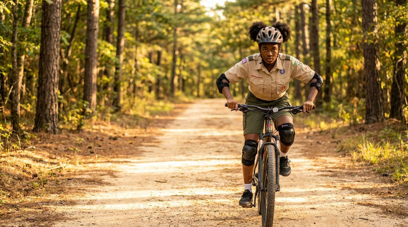 A Scout on a mountain bike demonstrating the ready (attack) position on a dirt trail, knees bent, elbows out, eyes forward