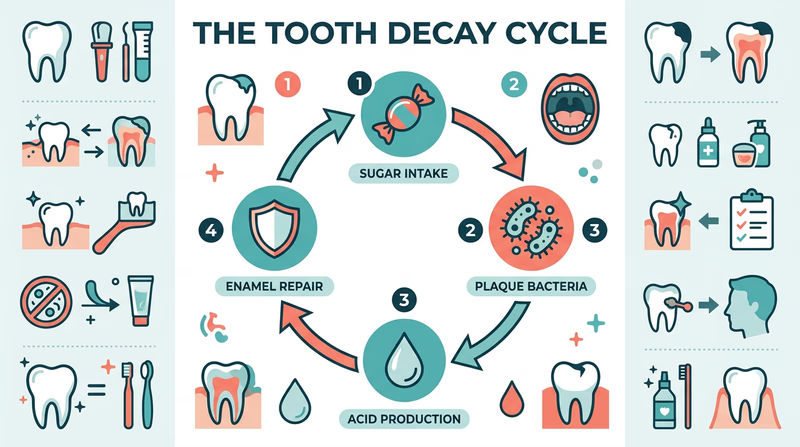 A circular diagram showing four stages of tooth decay: sugar enters the mouth, plaque bacteria consume sugar and produce acid, acid dissolves enamel minerals, and saliva repairs the damage