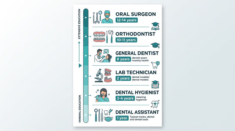An infographic showing six dental career paths from shortest to longest education: dental assistant, dental hygienist, lab technician, general dentist, orthodontist, and oral surgeon