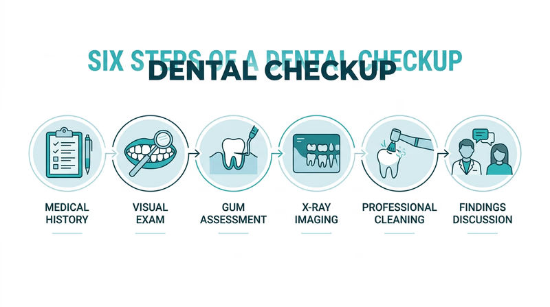 An infographic showing six steps of a dental checkup: medical history review, visual exam, periodontal probing, X-ray, professional cleaning, and findings discussion
