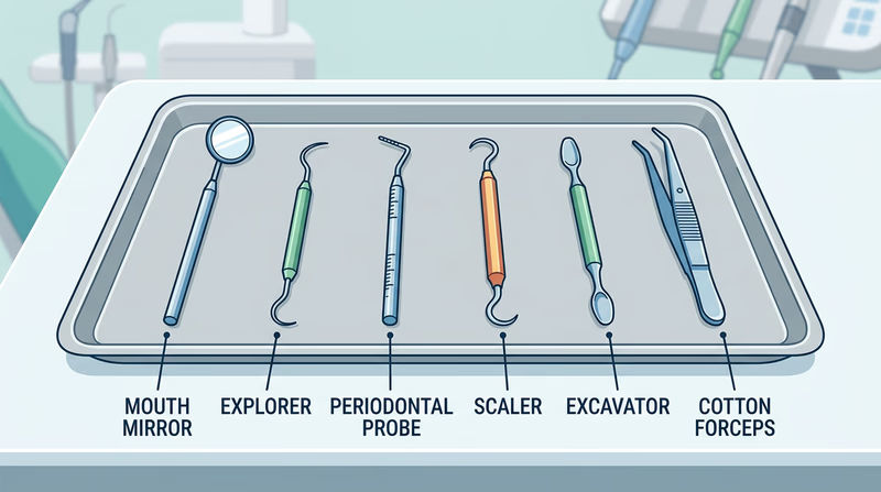 Six common dental instruments arranged on a sterilization tray: mouth mirror, explorer, periodontal probe, scaler, excavator, and cotton forceps, each labeled