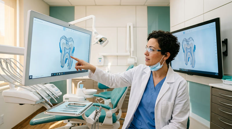 A dental professional in scrubs and a white coat examining a digital X-ray on a wall-mounted screen in a modern dental office
