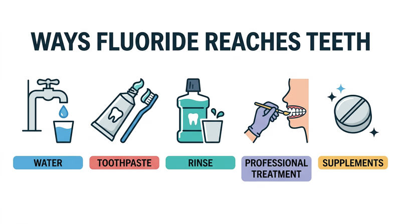 An infographic showing five ways fluoride reaches teeth: water fluoridation, toothpaste, mouth rinse, professional treatment, and supplements
