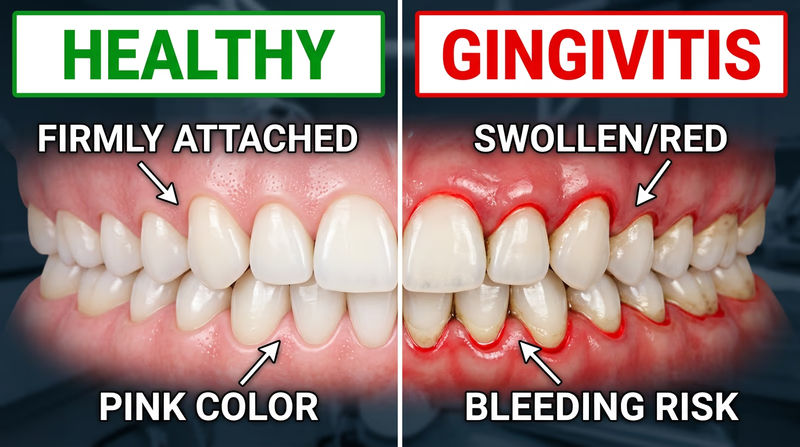 A comparison showing healthy gums on the left — pink, firm, and fitting snugly around teeth — versus gums with gingivitis on the right — red, swollen, and slightly pulled away from the teeth
