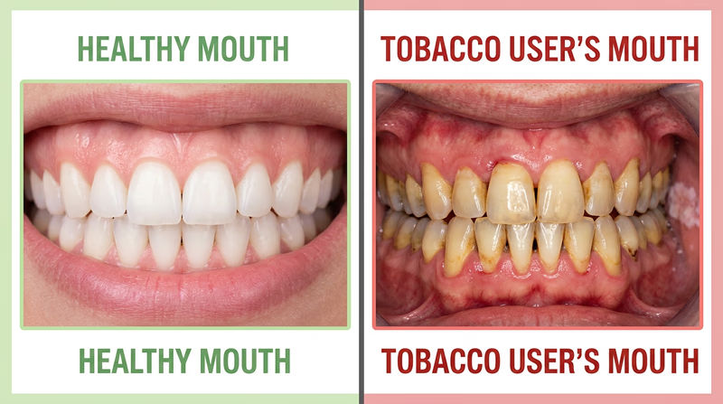 A comparison showing a healthy mouth with pink gums and white teeth on the left versus a tobacco user's mouth with stained teeth, receding gums, and a white lesion on the right