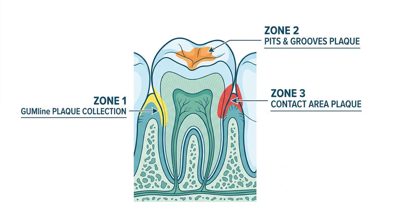 A diagram of a lower molar with three highlighted zones showing where bacterial plaque collects: the gumline, the pits and grooves on the chewing surface, and the contact areas between adjacent teeth