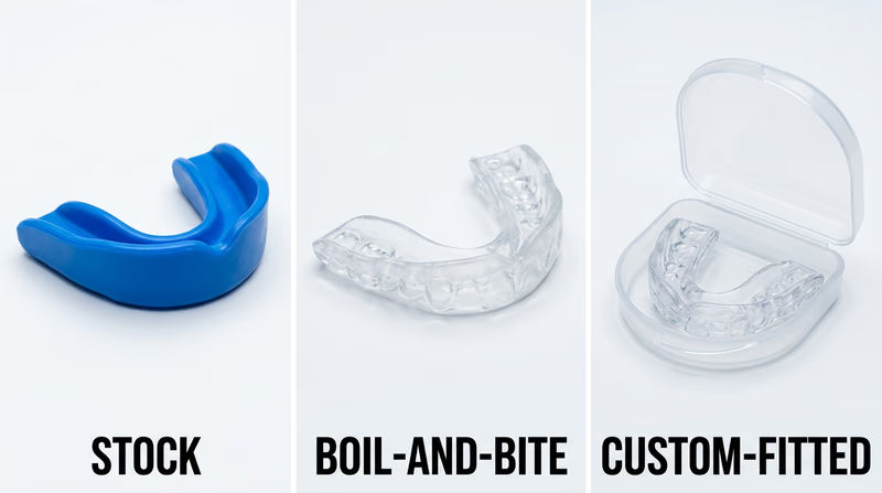 Three mouth guards displayed side by side: a generic stock guard, a boil-and-bite guard, and a custom-fitted guard, each labeled