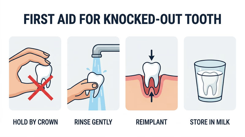 An infographic showing four key steps for a knocked-out tooth: hold by the crown, rinse briefly, try to reimplant, or store in milk