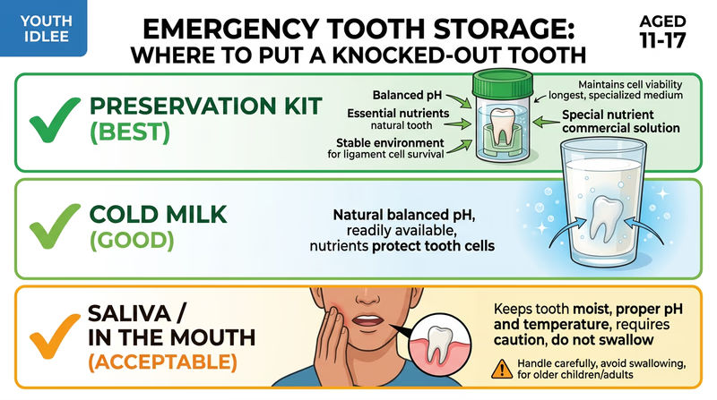 A comparison showing three tooth storage options ranked from best to worst: a tooth preservation kit, a glass of cold milk, and the person's own mouth