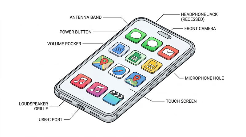Illustrated smartphone screen showing a grid of colorful app icons organized by category