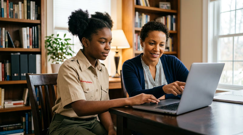 A teenager in a Scout uniform sitting at a desk with a parent beside them, both looking at a laptop screen together