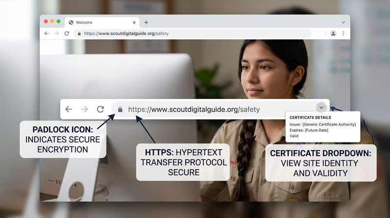 Browser address bar showing HTTPS security indicators with callouts pointing to the padlock icon, https prefix, and certificate details