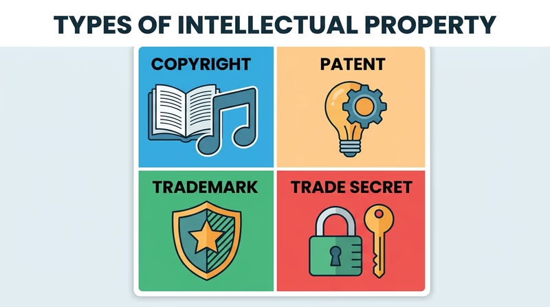 Infographic showing four types of intellectual property: Copyright, Patent, Trademark, and Trade Secret with icons