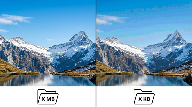 Comparison of a crisp lossless mountain photo versus the same photo with visible lossy JPEG compression artifacts