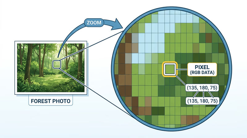 Diagram showing a forest photograph zoomed in to reveal individual colored pixels with RGB values
