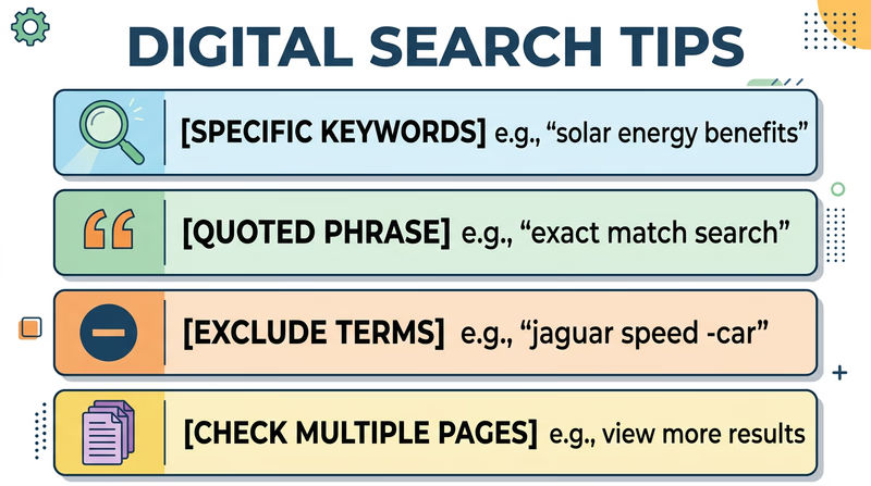 Infographic showing four search tips: specific keywords, quotation marks, minus sign to exclude, and checking multiple pages