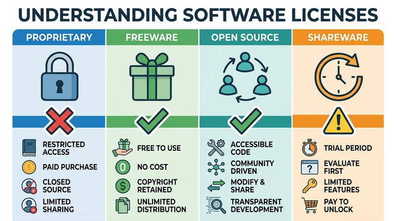 Infographic showing four software license types: Proprietary, Freeware, Open Source, and Shareware with sharing indicators