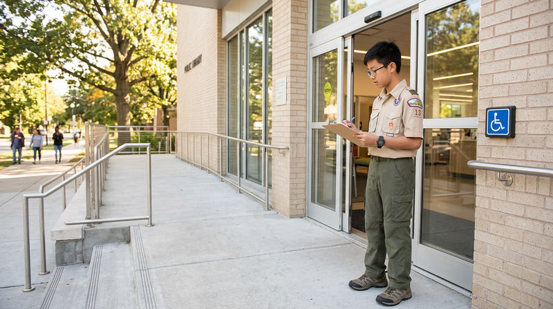 A Scout standing at a building entrance with a clipboard, evaluating the accessibility of a ramp and stairs side by side