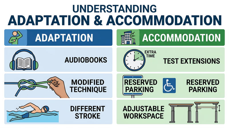 An infographic comparing adaptations and accommodations, with examples of each in a clean two-column layout